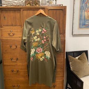 Anthropologie Floreat Olive Green Kimono with Floral Embroidery